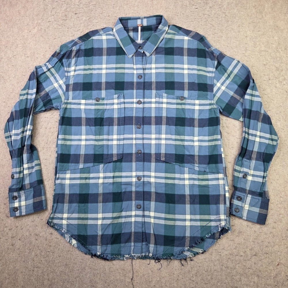 Free People Womens M Blue Plaid Button Up Shirt Long Sleeve Pockets Oversize